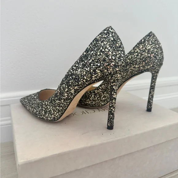 Jimmy Choo Black and Silver Glitter Pointed Toe Stilettos - Picture 2 of 8
